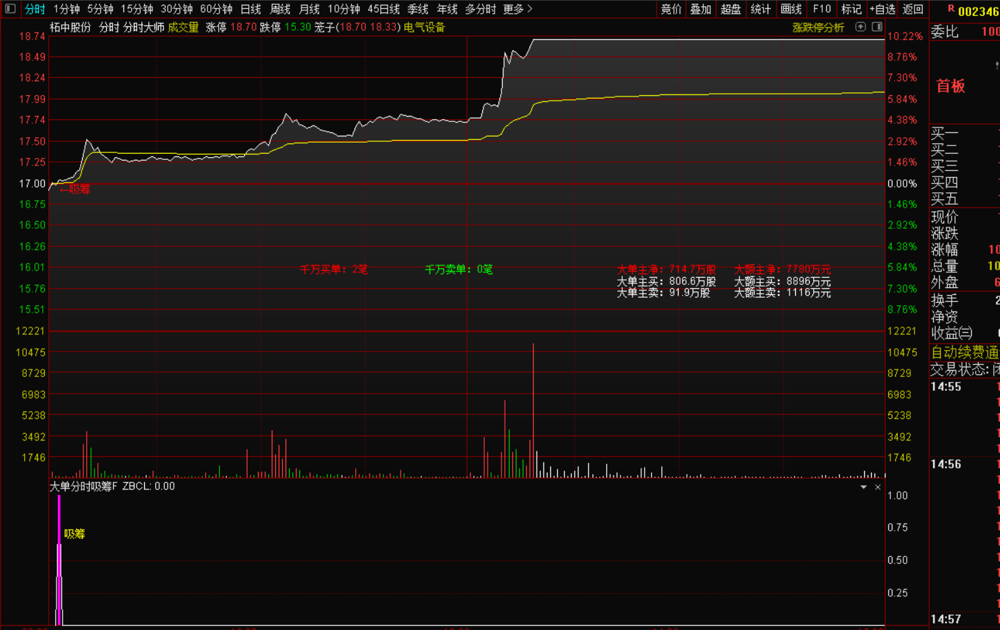 分时大师资金吸筹战法,千万单笔数+大单净额双维度择时-指标代码